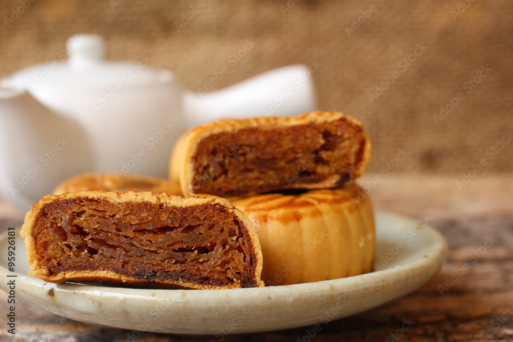 Festival moon cake with hot tea - Chinese cake Festival moon cake with hot tea - Chinese cake