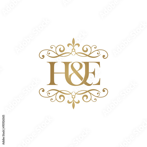 H&E Initial logo. Ornament ampersand monogram golden logo