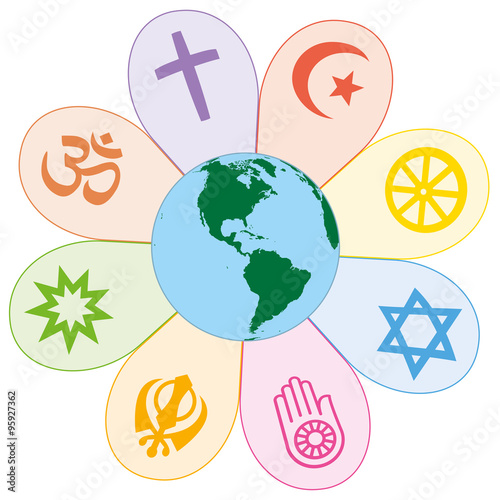 World religions united on a colorful flower with planet earth in center. Isolated vector illustration on white background.