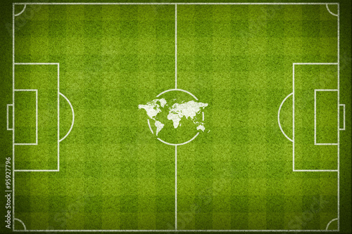 Top view of soccer field with world map, concept for world soccer cup.