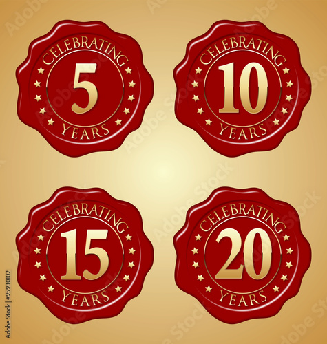 Vector Set of Anniversary Red Wax Seal  5th, 10th, 15th, 20th
