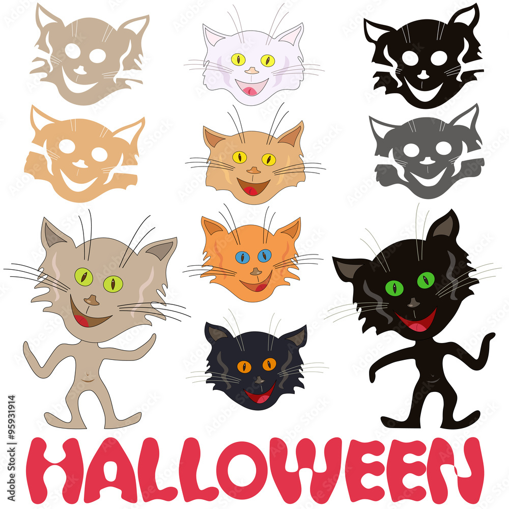 Halloween set of funny cats and feline masks Halloween set of funny cats and feline masks