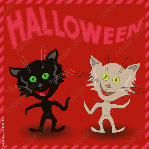 Inscription Halloween and two amusing cats