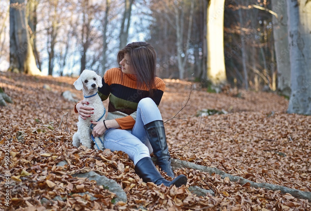 Fototapeta premium A girl with her dog in colorful autumn