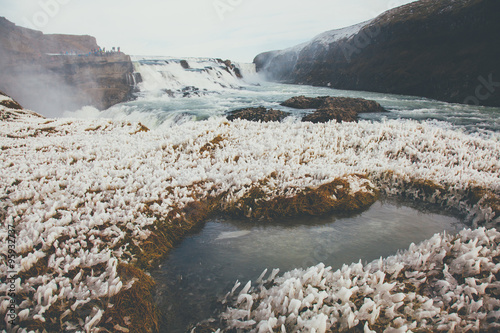 Gullfost waterfall in winter time. Frost at waterall in Iceland. photo