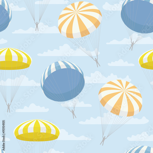 vector pattern with yellow, blue, orange parachutes and clouds