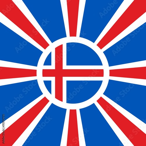 iceland flag on sun rays backdrop