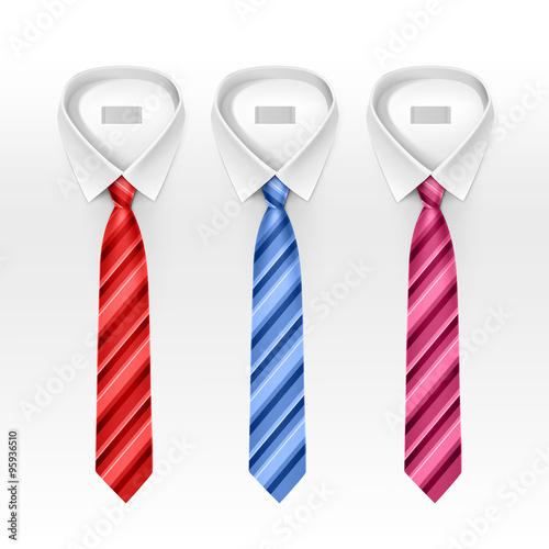 Set of Tied Striped Colored Silk Ties and Bow Ties Collection Vector Realistic Illustration Isolated on White Background