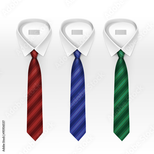 Set of Tied Striped Colored Silk Ties and Bow Ties Collection Vector Realistic Illustration Isolated on White Background