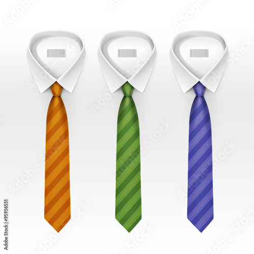 Set of Tied Striped Colored Silk Ties and Bow Ties Collection Vector Realistic Illustration Isolated on White Background