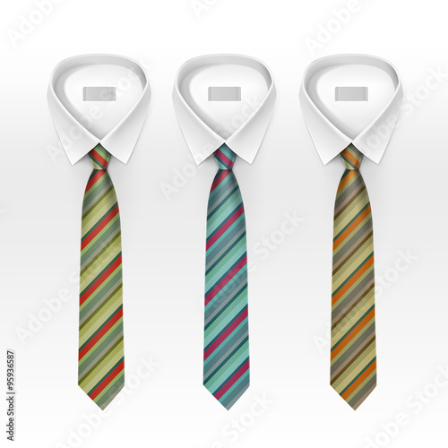 Set of Tied Striped Colored Silk Ties and Bow Ties Collection Vector Realistic Illustration Isolated on White Background