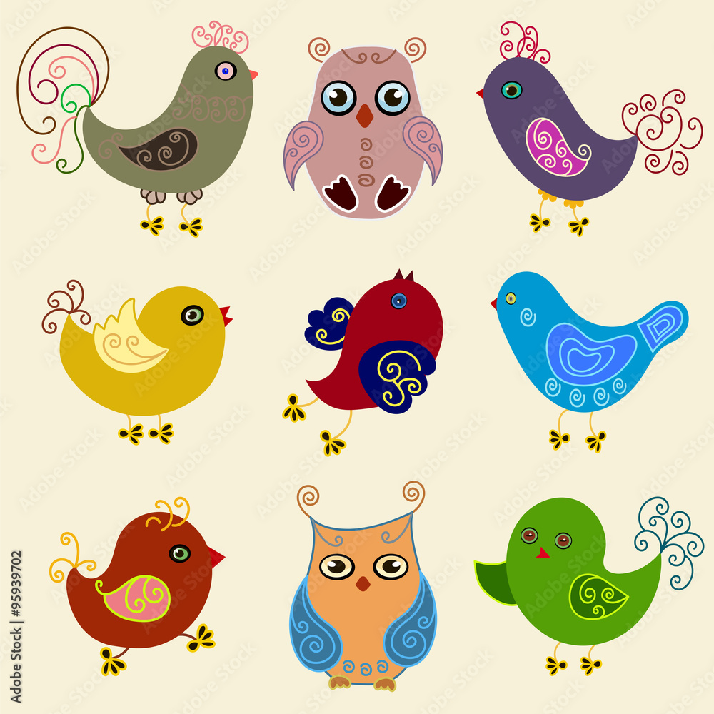 set of nine funny cartoon birds, decorated with swirls, colorful set of nine funny cartoon birds, decorated with swirls, colorful