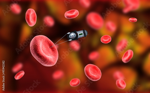 Эритроциты. Наноробот делает укол в кровяную клетку. Нанотехнологии, микро
