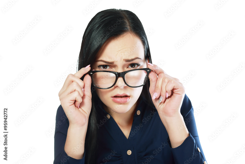 woman looking over glasses woman looking over glasses