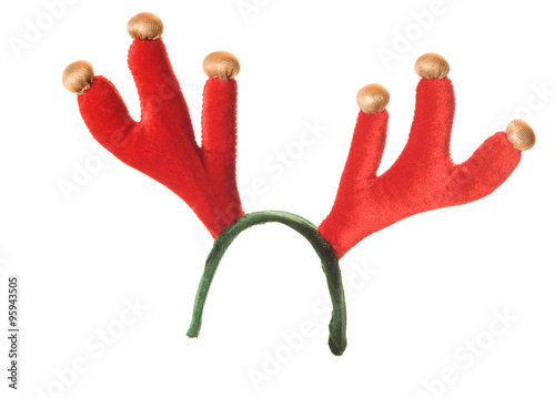 Fotografering red and green christmas reindeer antlers isolated on white backg