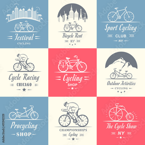 Set Vintage Cycling and Bicycle Sign and Badges