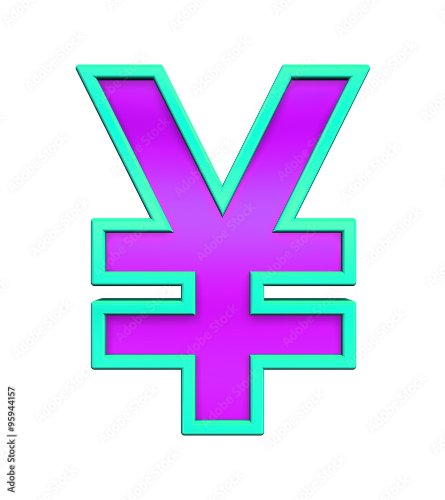 Yen sign from purple glass with blue frame alphabet set, isolated on white. Computer generated 3D photo rendering. Yen sign from purple glass with blue frame alphabet set, isolated on white. Computer generated 3D photo rendering.