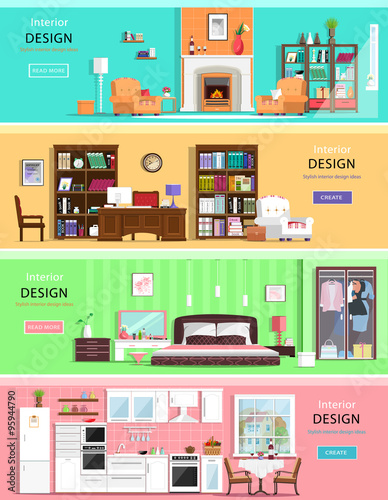 Fototapeta Naklejka Na Ścianę i Meble -  Set of colorful vector interior design house rooms with furniture icons: living room, bedroom, kitchen and home office. Flat style vector illustration.