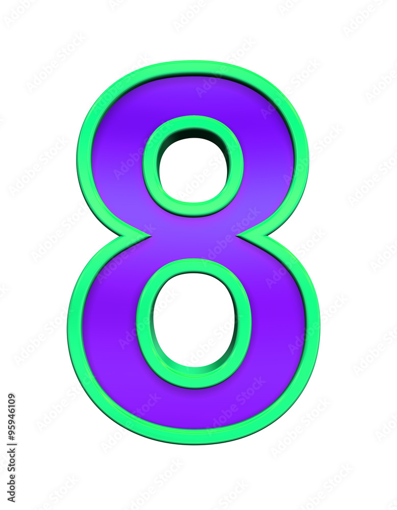 One digit from violet glass with green frame alphabet set, isolated on white. Computer generated 3D photo rendering. One digit from violet glass with green frame alphabet set, isolated on white. Computer generated 3D photo rendering.