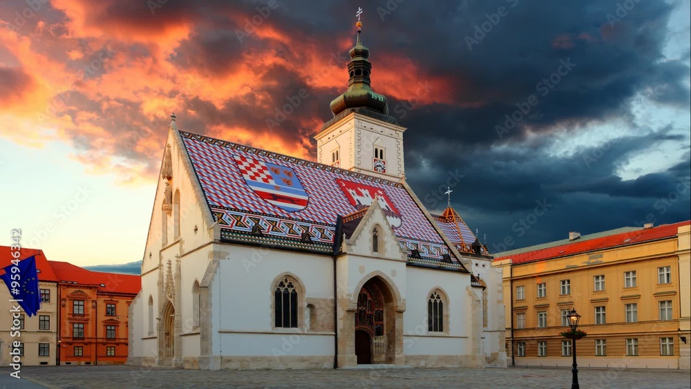 Zagreb church - St Mark, Croatia Time lapse video at sunset