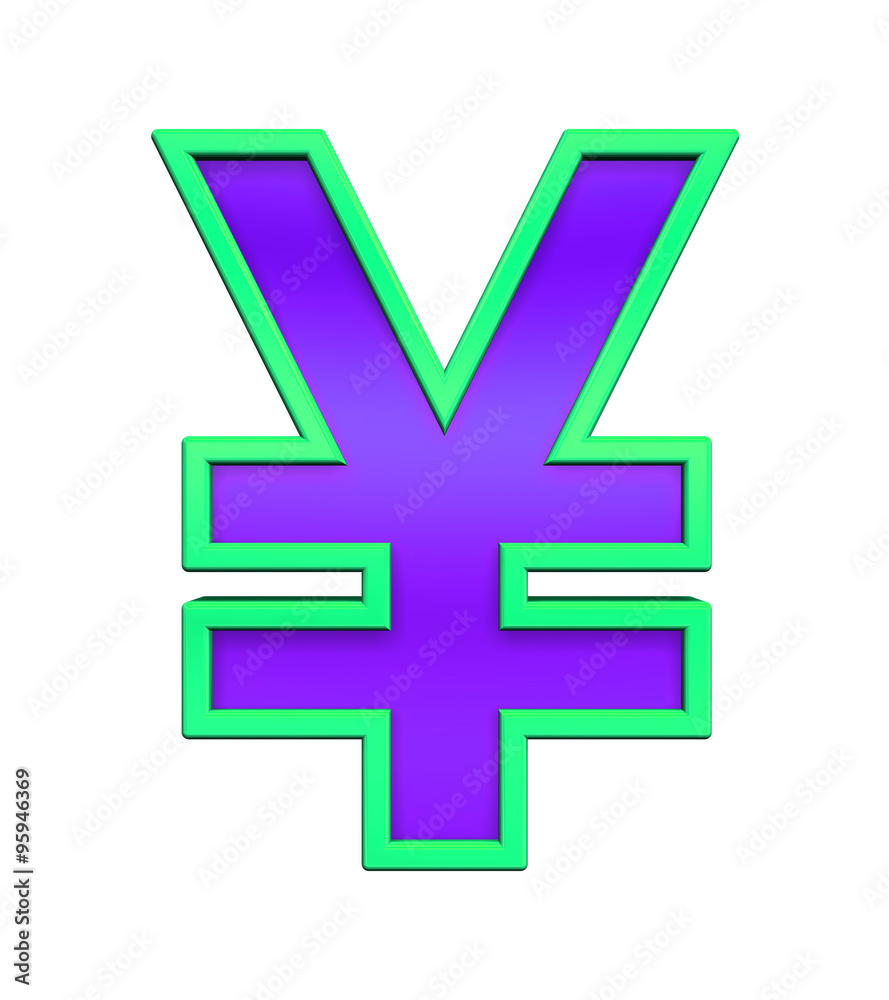 Obraz premium Yen sign from violet glass with green frame alphabet set, isolated on white. Computer generated 3D photo rendering.