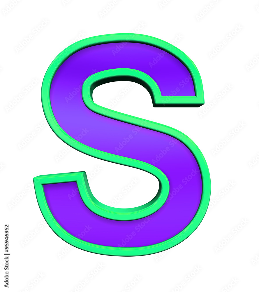 One letter from violet glass with green frame alphabet set, isolated on white. Computer generated 3D photo rendering.