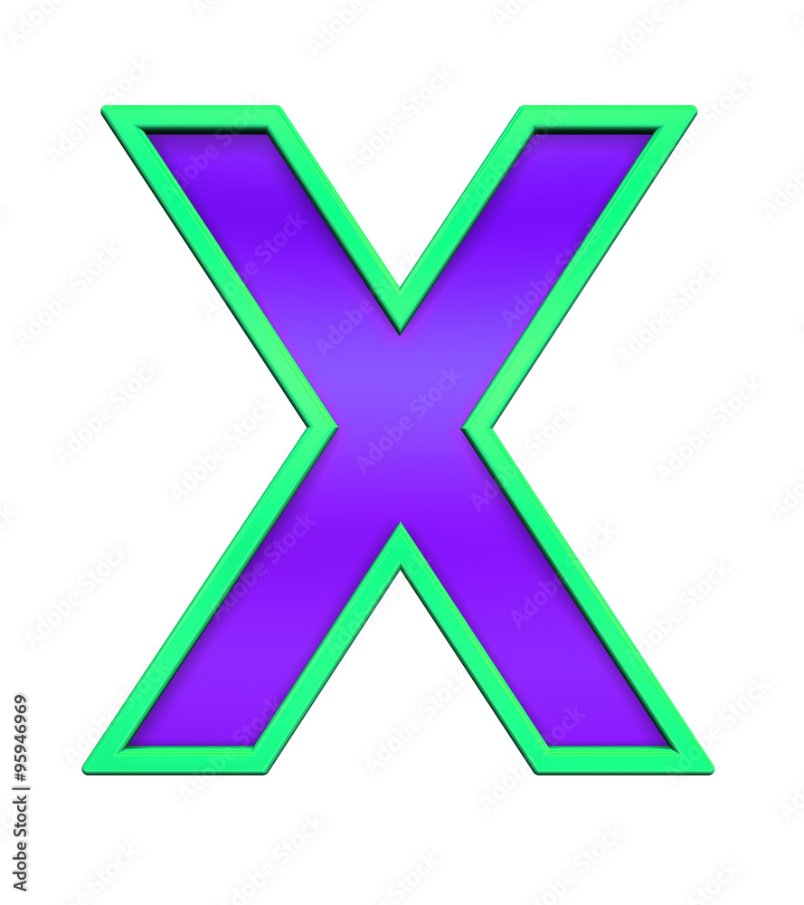 One letter from violet glass with green frame alphabet set, isolated on white. Computer generated 3D photo rendering. One letter from violet glass with green frame alphabet set, isolated on white. Computer generated 3D photo rendering.