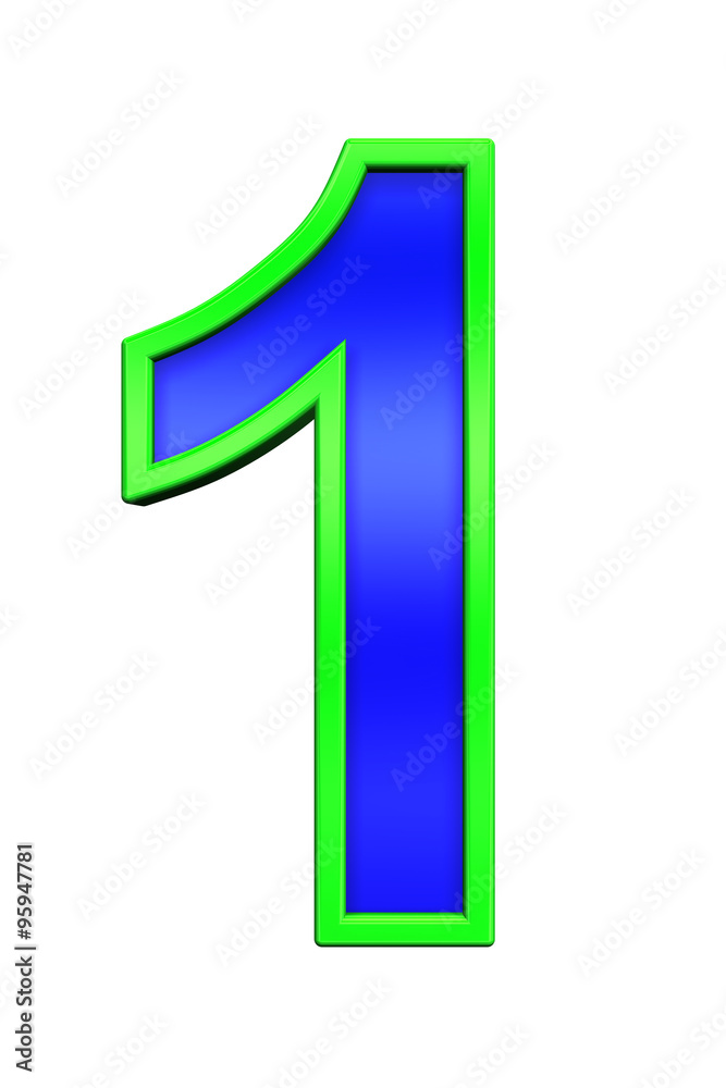 One digit from blue glass with green frame alphabet set, isolated on white. Computer generated 3D photo rendering. One digit from blue glass with green frame alphabet set, isolated on white. Computer generated 3D photo rendering.