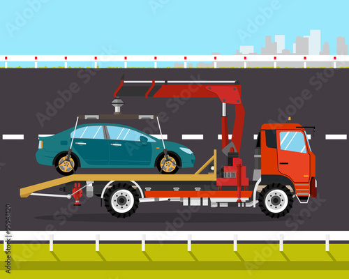 Tow truck driven on the road back to the city broken car. Vector illustration