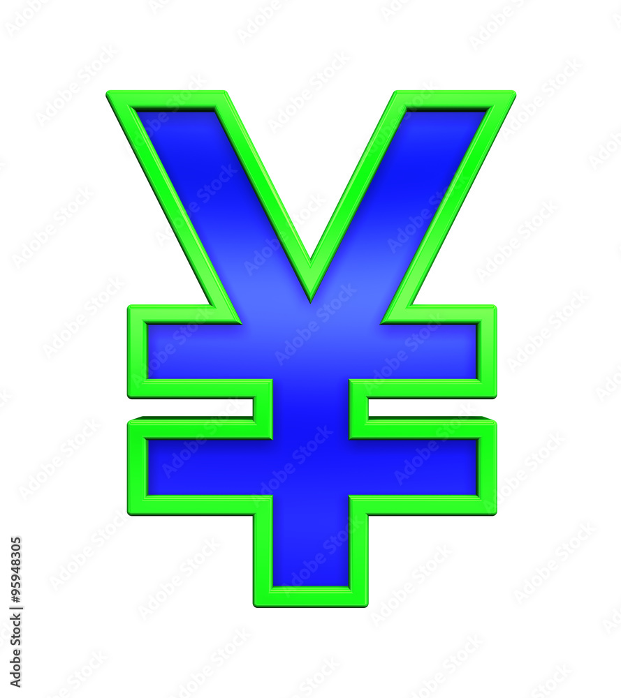 Obraz premium Yen sign from blue glass with green frame alphabet set, isolated on white. Computer generated 3D photo rendering.