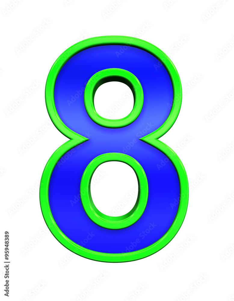 One digit from blue glass with green frame alphabet set, isolated on white. Computer generated 3D photo rendering. One digit from blue glass with green frame alphabet set, isolated on white. Computer generated 3D photo rendering.