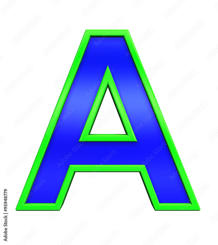 One letter from blue glass with green frame alphabet set, isolated on white. Computer generated 3D photo rendering. One letter from blue glass with green frame alphabet set, isolated on white. Computer generated 3D photo rendering.