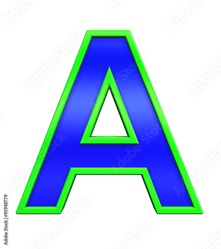 One letter from blue glass with green frame alphabet set, isolated on white. Computer generated 3D photo rendering.