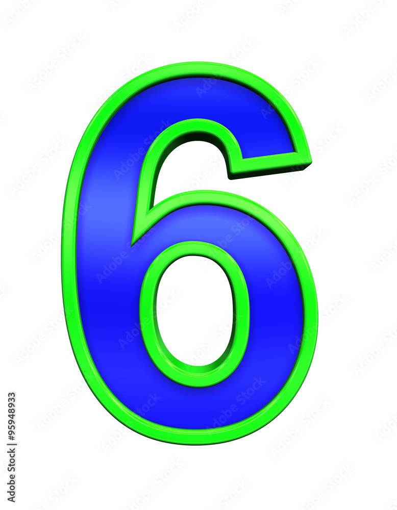 One digit from blue glass with green frame alphabet set, isolated on white. Computer generated 3D photo rendering. One digit from blue glass with green frame alphabet set, isolated on white. Computer generated 3D photo rendering.