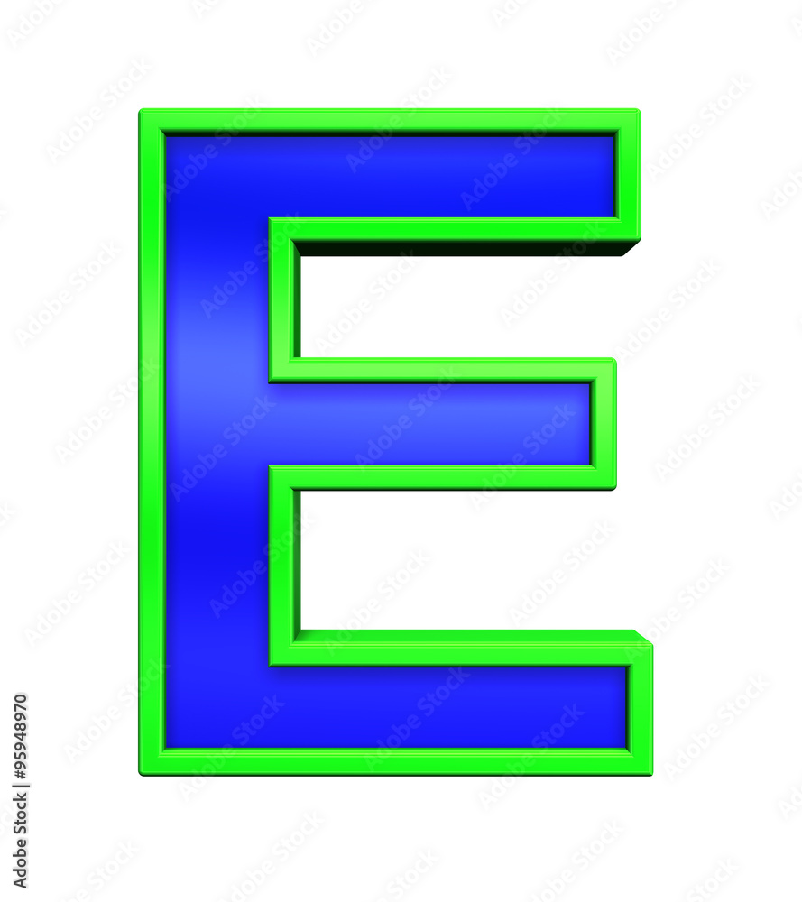 One letter from blue glass with green frame alphabet set, isolated on white. Computer generated 3D photo rendering. One letter from blue glass with green frame alphabet set, isolated on white. Computer generated 3D photo rendering.