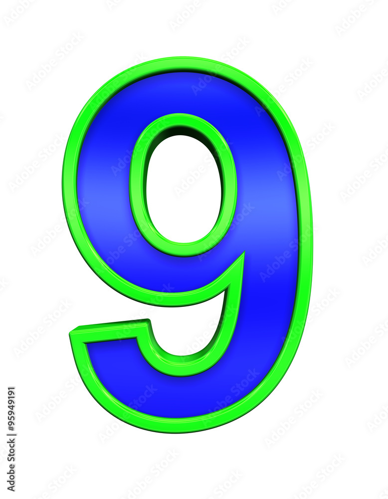 One digit from blue glass with green frame alphabet set, isolated on white. Computer generated 3D photo rendering. One digit from blue glass with green frame alphabet set, isolated on white. Computer generated 3D photo rendering.