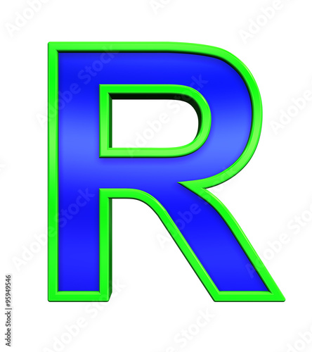 One letter from blue glass with green frame alphabet set, isolated on white. Computer generated 3D photo rendering.