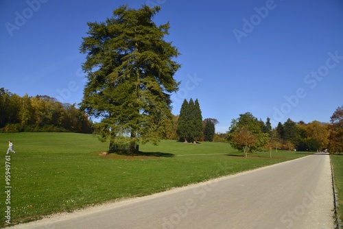 Chemin principal et l'une des grandes pelouses au parc Solvay de la Hulpe
