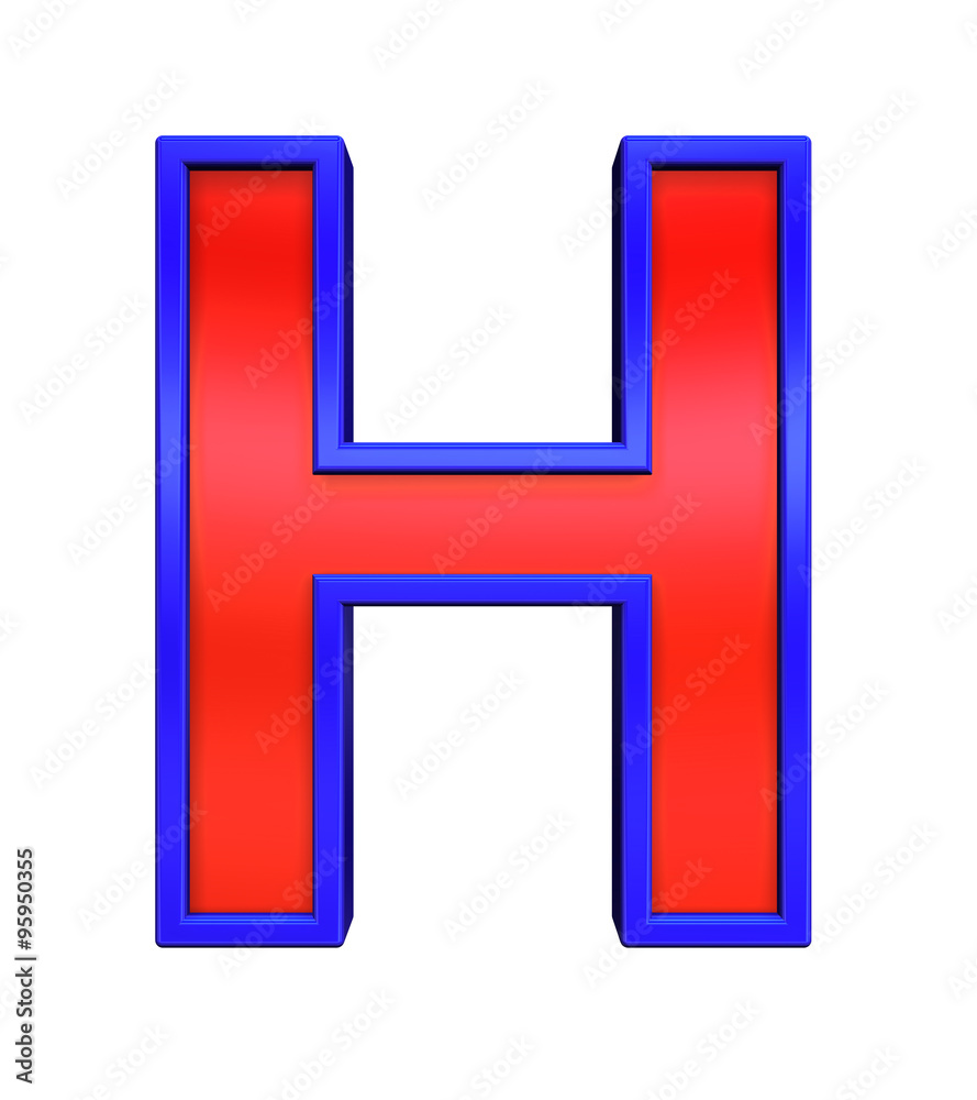 One letter from red glass with blue frame alphabet set, isolated on white. Computer generated 3D photo rendering. One letter from red glass with blue frame alphabet set, isolated on white. Computer generated 3D photo rendering.