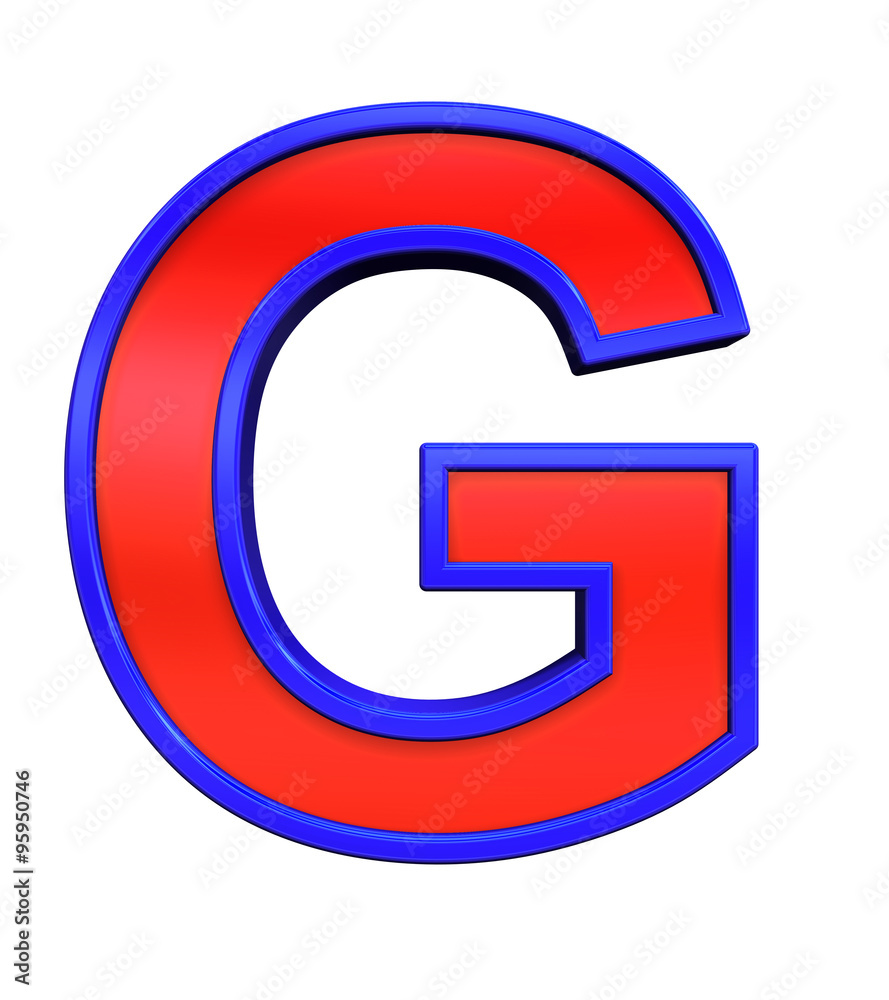 One letter from red glass with blue frame alphabet set, isolated on white. Computer generated 3D photo rendering. One letter from red glass with blue frame alphabet set, isolated on white. Computer generated 3D photo rendering.