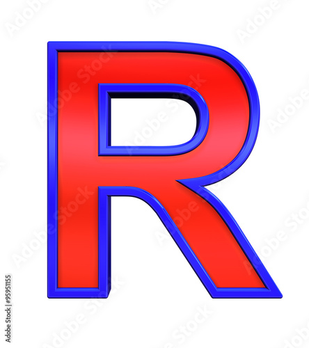 One letter from red glass with blue frame alphabet set, isolated on white. Computer generated 3D photo rendering.