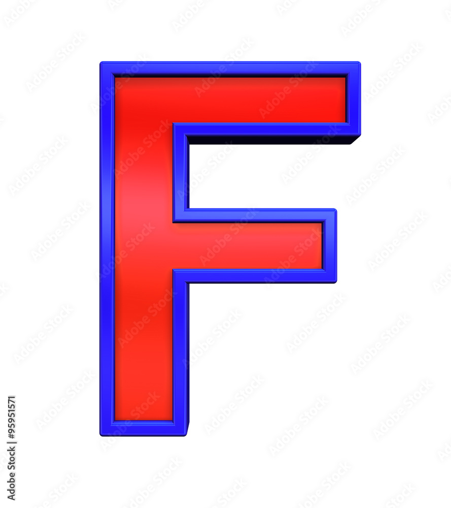 One letter from red glass with blue frame alphabet set, isolated on white. Computer generated 3D photo rendering. One letter from red glass with blue frame alphabet set, isolated on white. Computer generated 3D photo rendering.