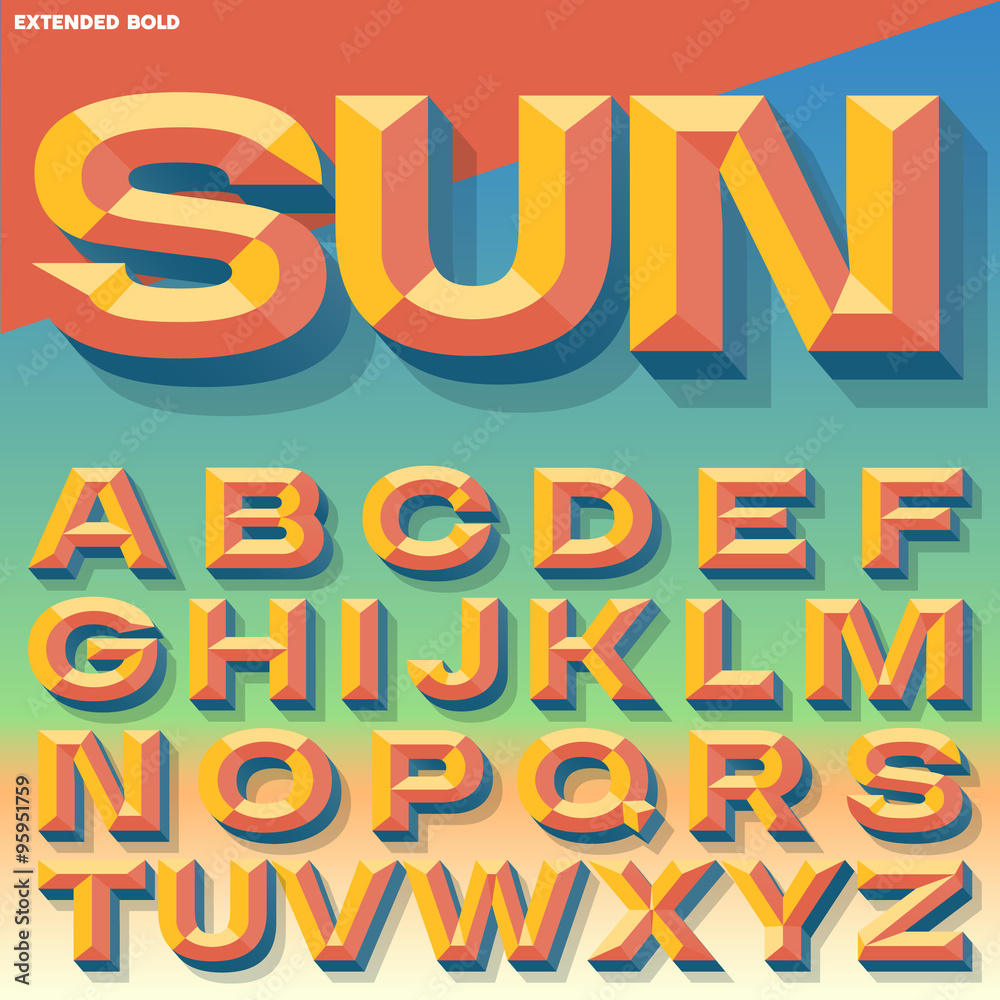 Vector 3D summer bold beveled alphabet with shadow. Multicolored version.