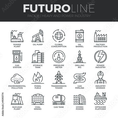 Heavy and Power Industry Futuro Line Icons Set