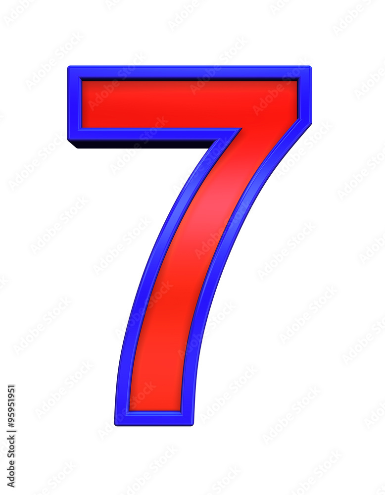 One digit from red glass with blue frame alphabet set, isolated on white. Computer generated 3D photo rendering. One digit from red glass with blue frame alphabet set, isolated on white. Computer generated 3D photo rendering.