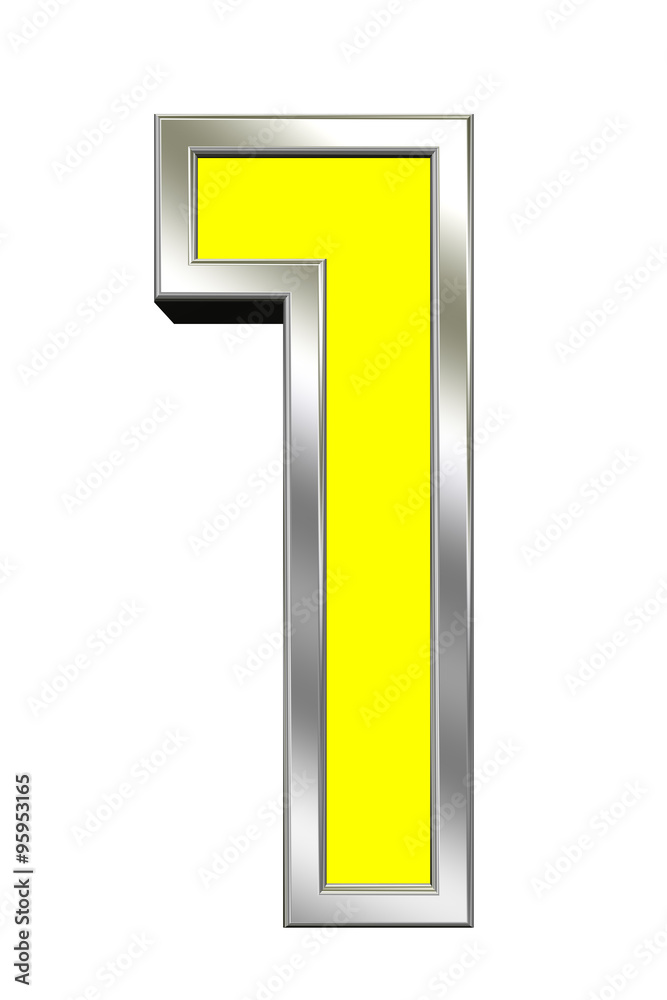 One digit from yellow with chrome frame alphabet set, isolated on white. Computer generated 3D photo rendering. One digit from yellow with chrome frame alphabet set, isolated on white. Computer generated 3D photo rendering.