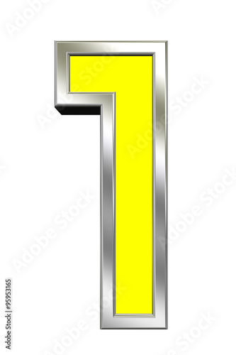 One digit from yellow with chrome frame alphabet set, isolated on white. Computer generated 3D photo rendering.