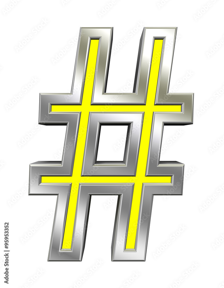 Obraz premium Number mark sign from yellow with chrome frame alphabet set, isolated on white. Computer generated 3D photo rendering.