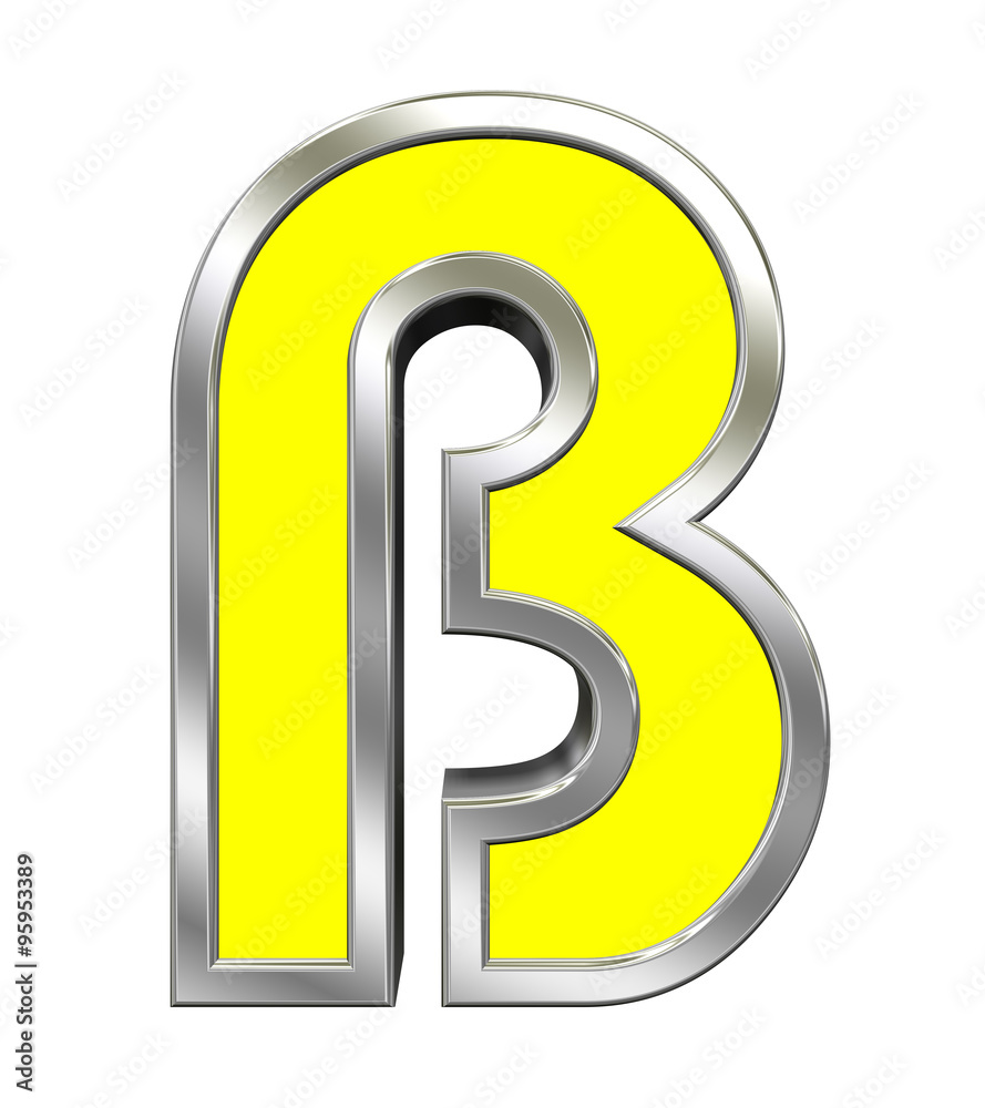 One letter from yellow with chrome frame alphabet set, isolated on white. Computer generated 3D photo rendering. One letter from yellow with chrome frame alphabet set, isolated on white. Computer generated 3D photo rendering.