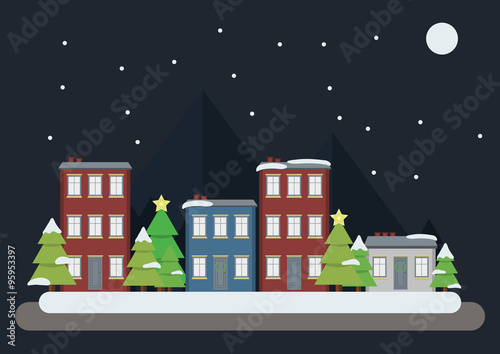 Merry Christmas greeting card design with buildings, Christmas tree, santa, snow, monkey, mountain and moon